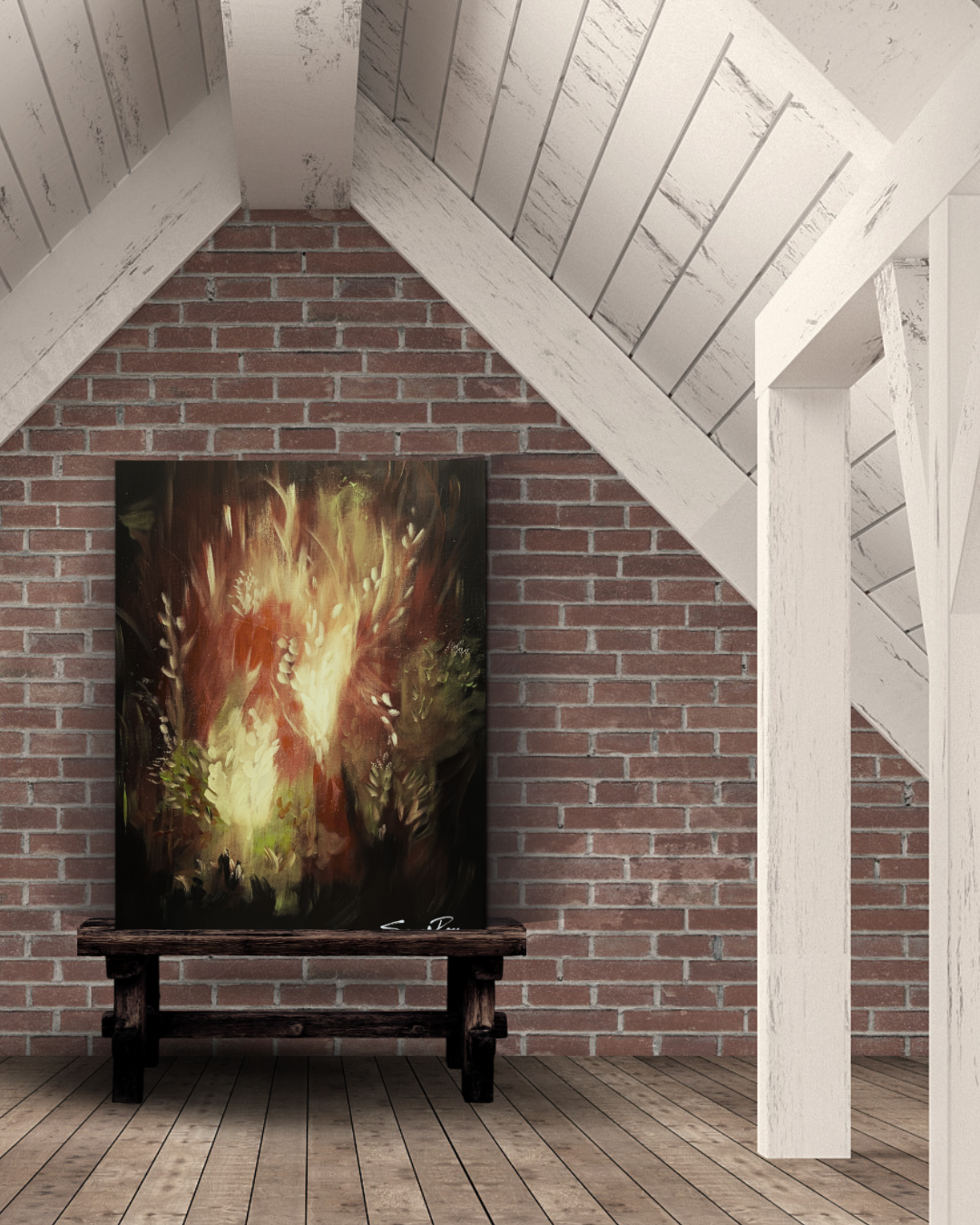 Abstract acrylic painting featuring fiery autumn colors of orange, red, and glowing yellow blending with hints of green foliage