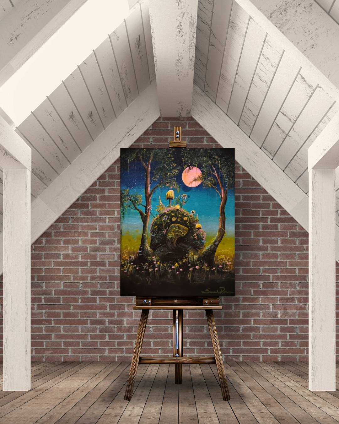 Vibrant acrylic painting of a large turtle carrying a mossy ecosystem and glowing mushrooms on its shell, standing between two trees under a starry night sky and a bright pink moon