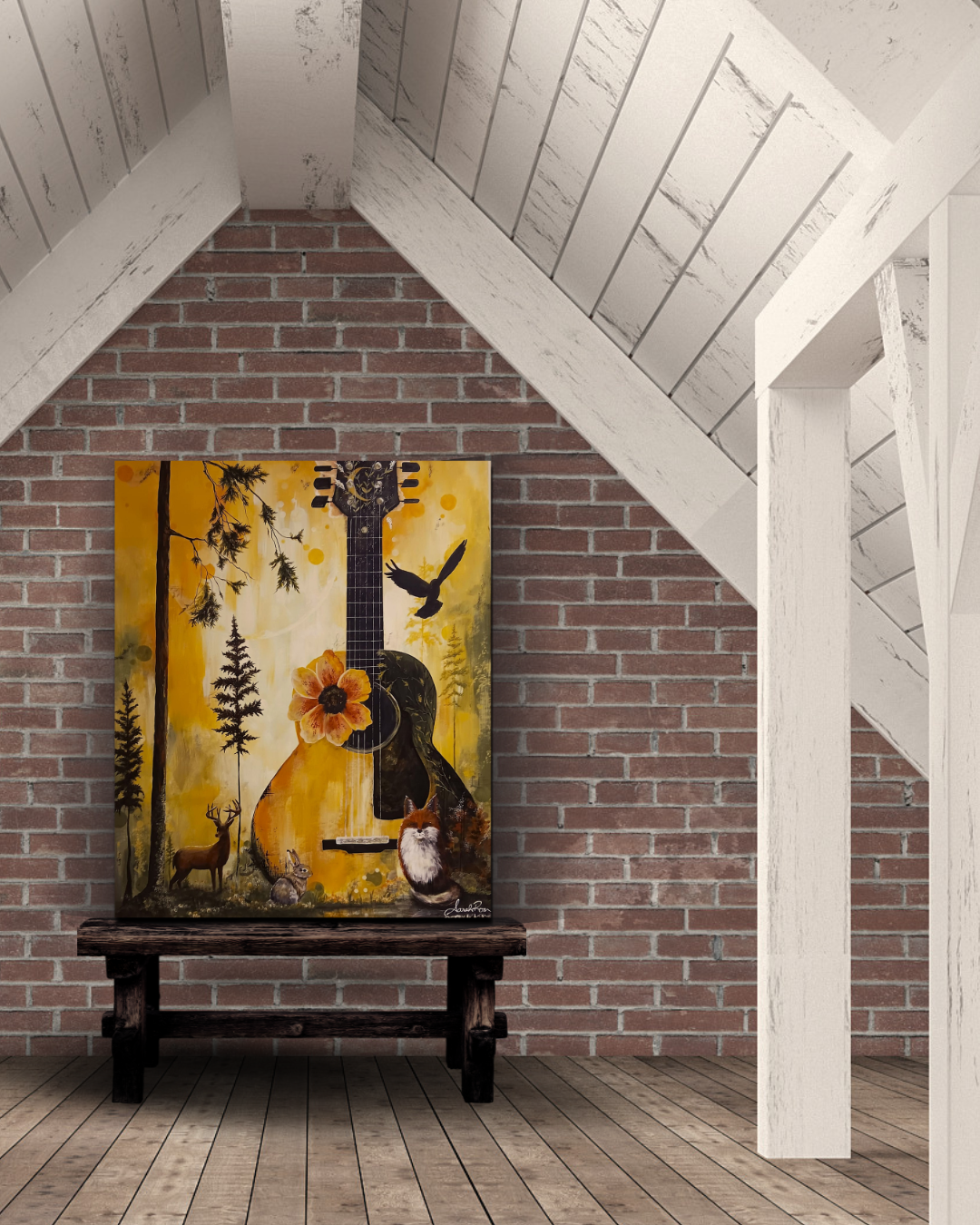 Vibrant acrylic painting of a large acoustic guitar with a sunflower, surrounded by a deer, fox, rabbit, and a flying bird against a glowing golden forest background