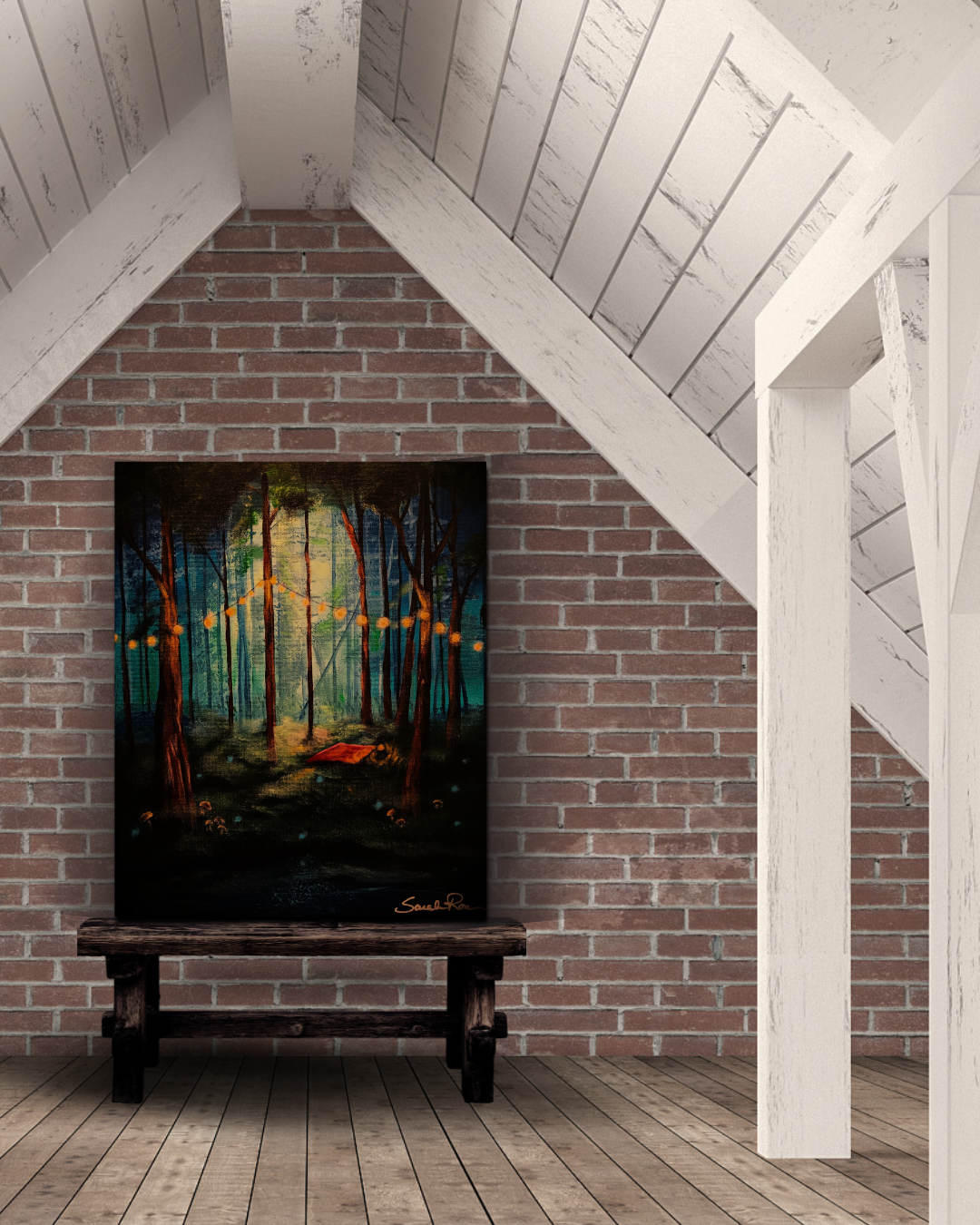 Vibrant acrylic painting of a dark forest illuminated by warm string lights and a glowing center, with a small red tent pitched among the trees