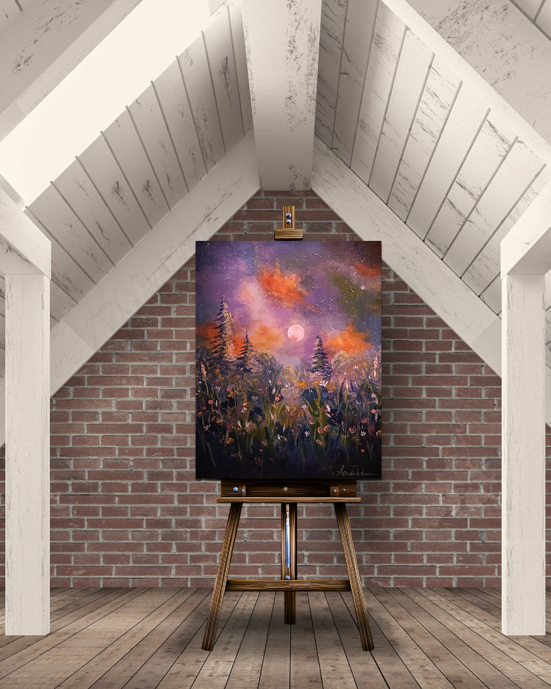 Vibrant acrylic painting of a glowing pink moon in a starry purple, pink, and orange sky above silhouettes of pine trees and a field of wildflowers