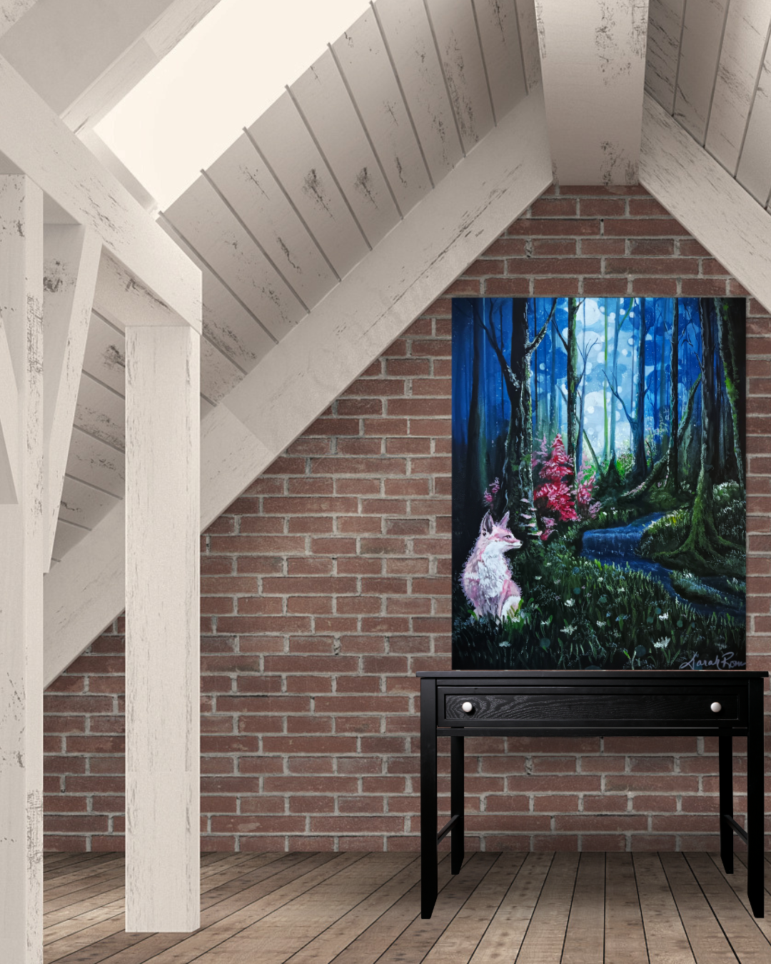 Vibrant acrylic painting of a whimsical pink fox sitting by a small stream in a glowing mystical forest with blue trees and pink foliage