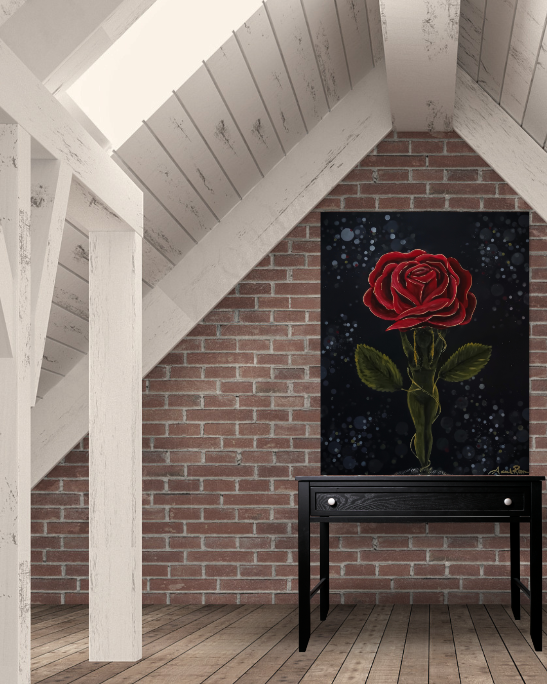 Vibrant acrylic painting of a woman's silhouette forming the stem of a giant, glowing red rose against a dark, starry night sky