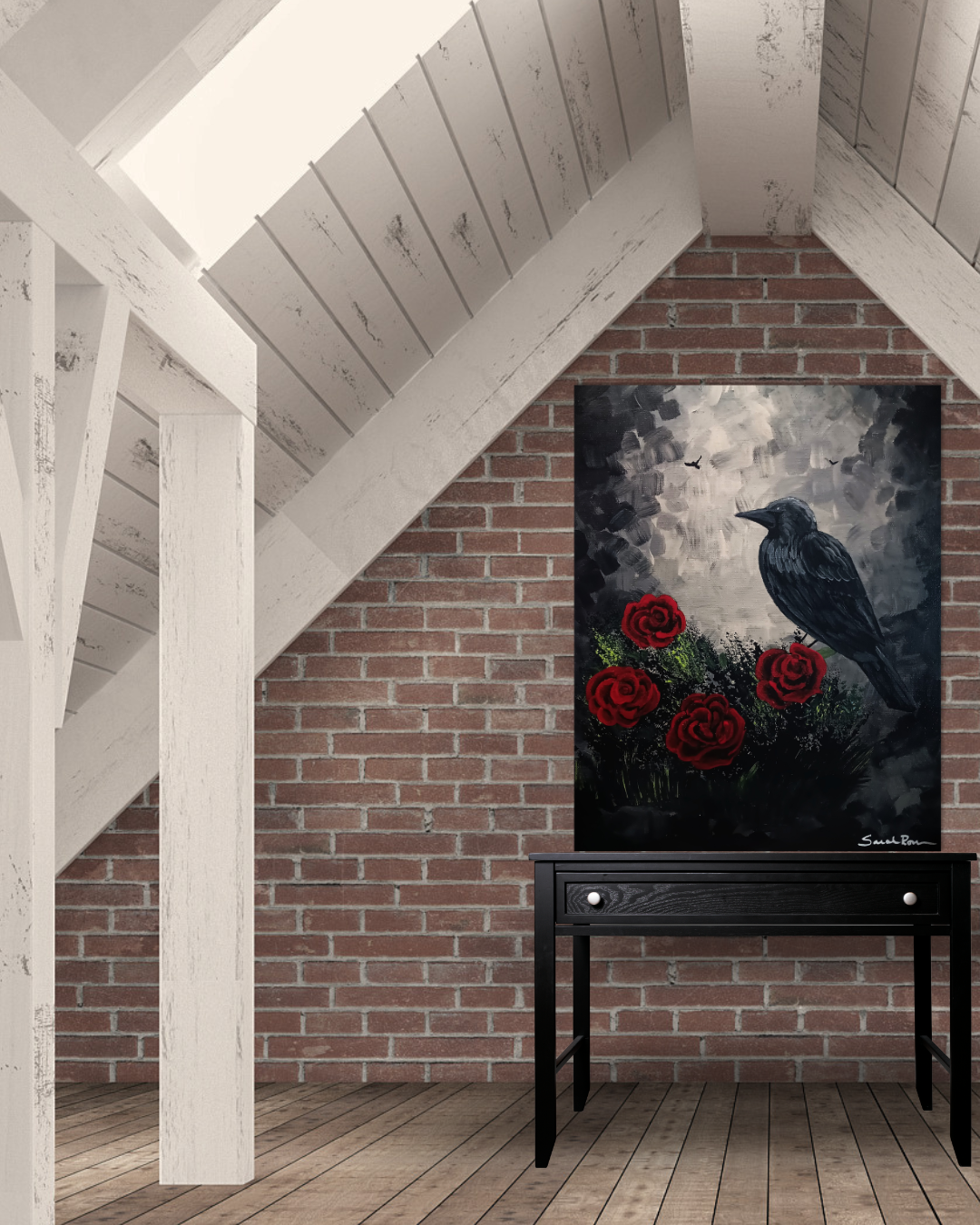 Vibrant acrylic painting of a black raven perched near bright red roses against a moody, textured grey and black background