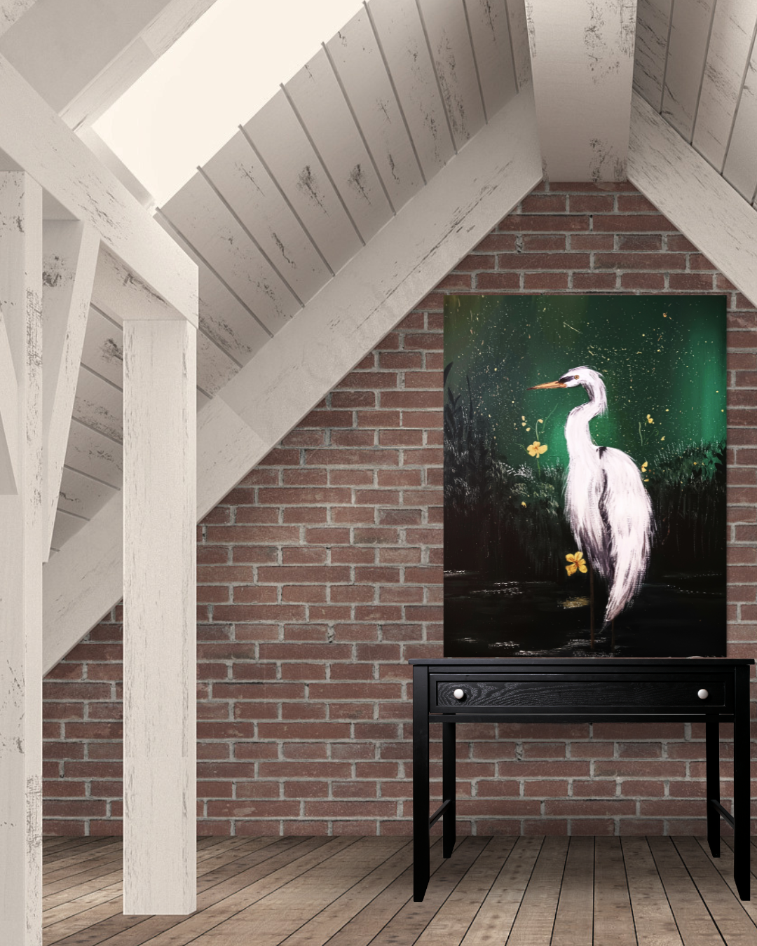 Vibrant acrylic painting of a tall white egret standing in dark water surrounded by glowing yellow flowers against a deep green, starry night sky