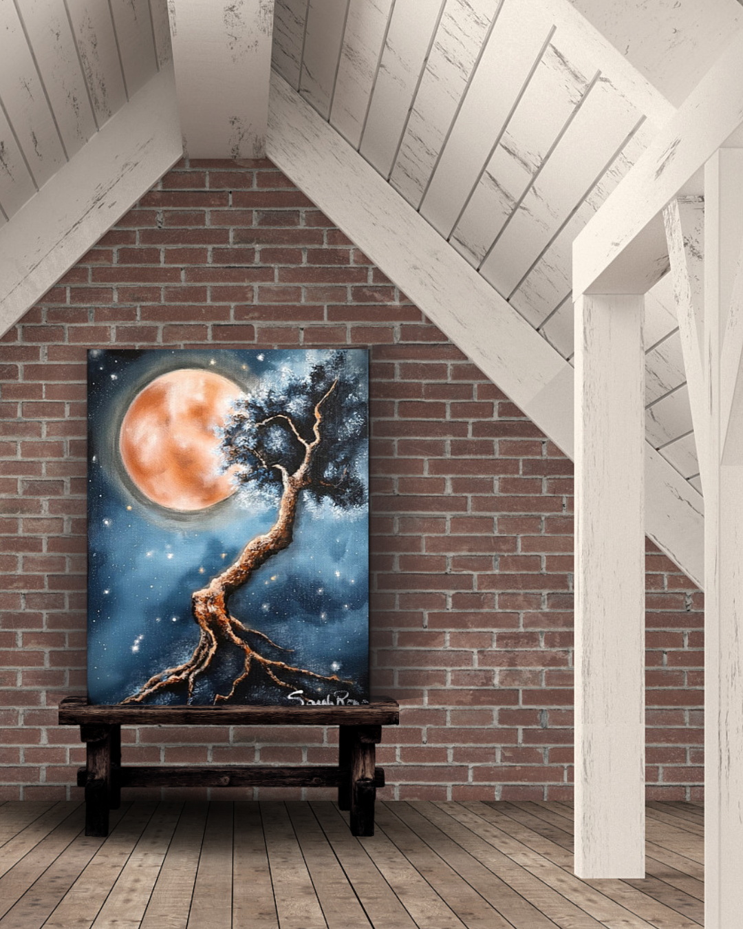 Vibrant acrylic painting of a gnarled, twisting tree with exposed roots silhouetted against a starry blue night sky and a massive, glowing orange moon