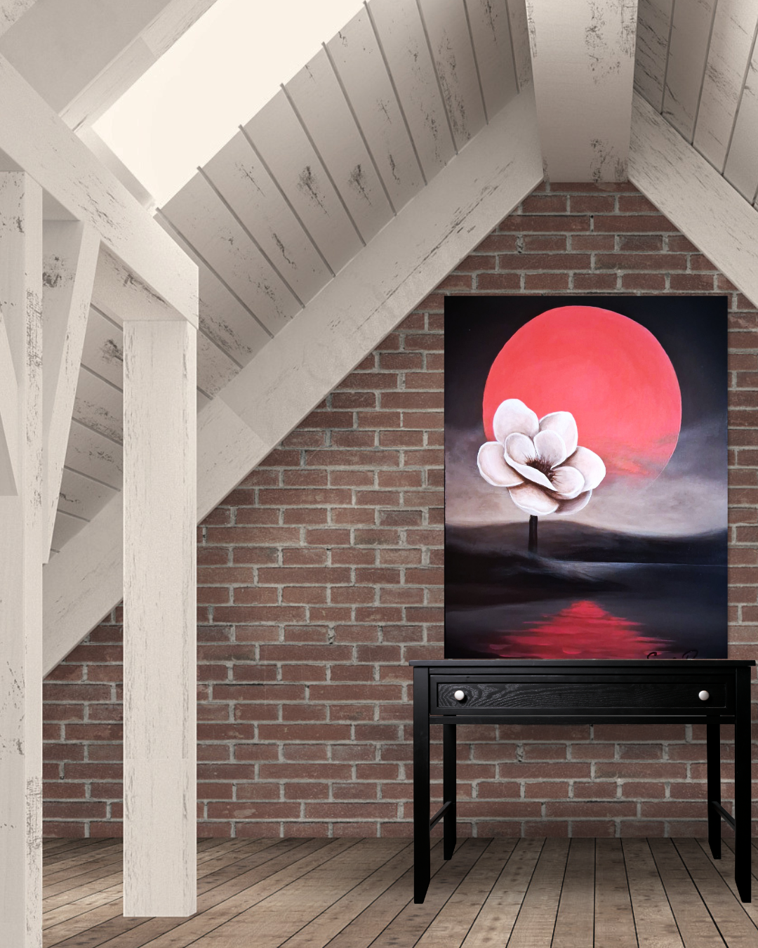 Vibrant acrylic painting of a large white flower in a dark landscape under a massive glowing coral moon with a coral reflection in the water