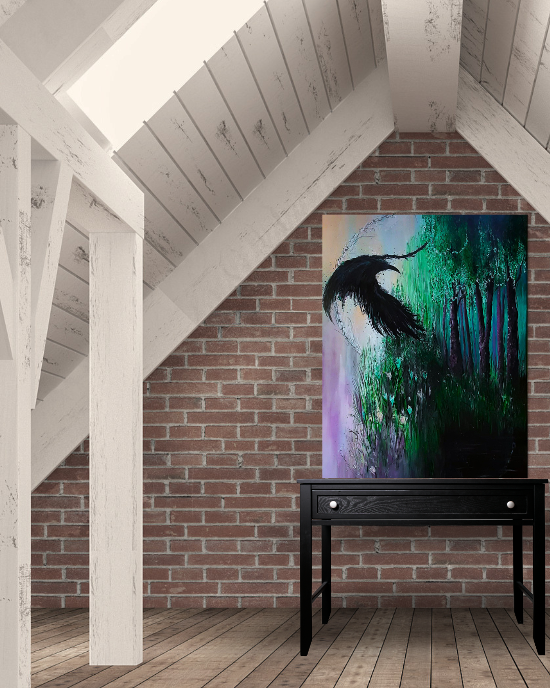 Vibrant acrylic painting of a large black raven in mid-flight soaring over a misty emerald green forest against a colorful sky