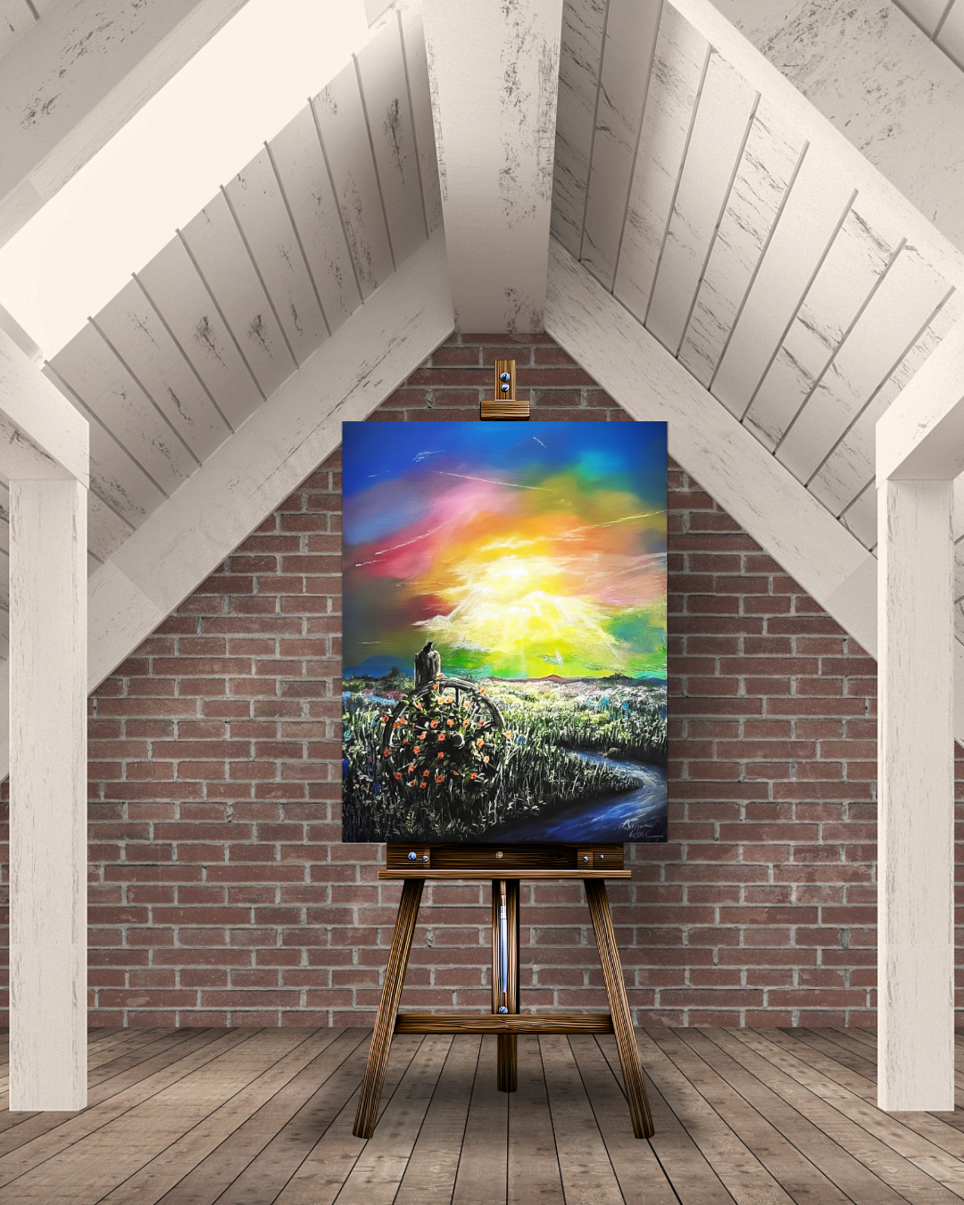 Vibrant acrylic painting of a brilliant sunset displaying a full spectrum of colors, transitioning from bright glowing yellow and orange to deep pink and purple, over a dark silhouetted natural landscape