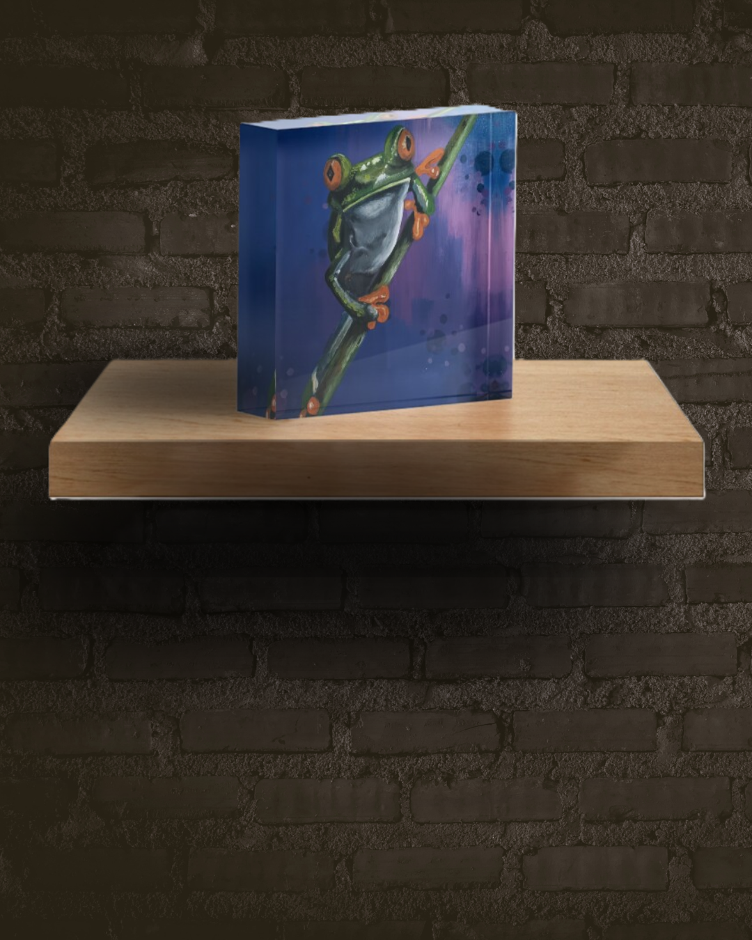 Vibrant acrylic painting of a bright green tree frog with orange toes clinging to a branch against a moody blue and purple background