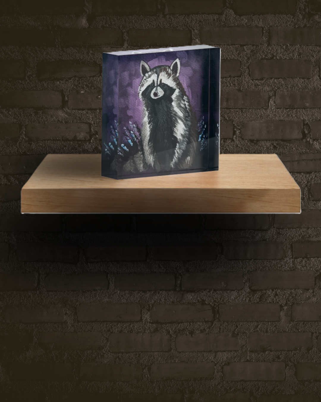 Vibrant acrylic painting of a raccoon sitting among purple flowers against a dark purple background