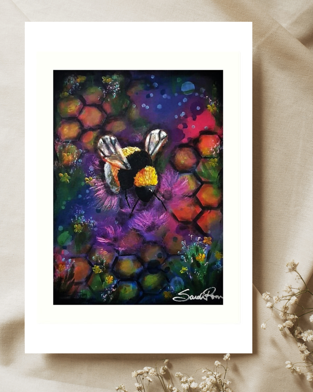 Vibrant acrylic painting of a fluffy bumblebee resting on purple flowers, set against a colorful geometric honeycomb background with rich hues of pink, blue, and yellow