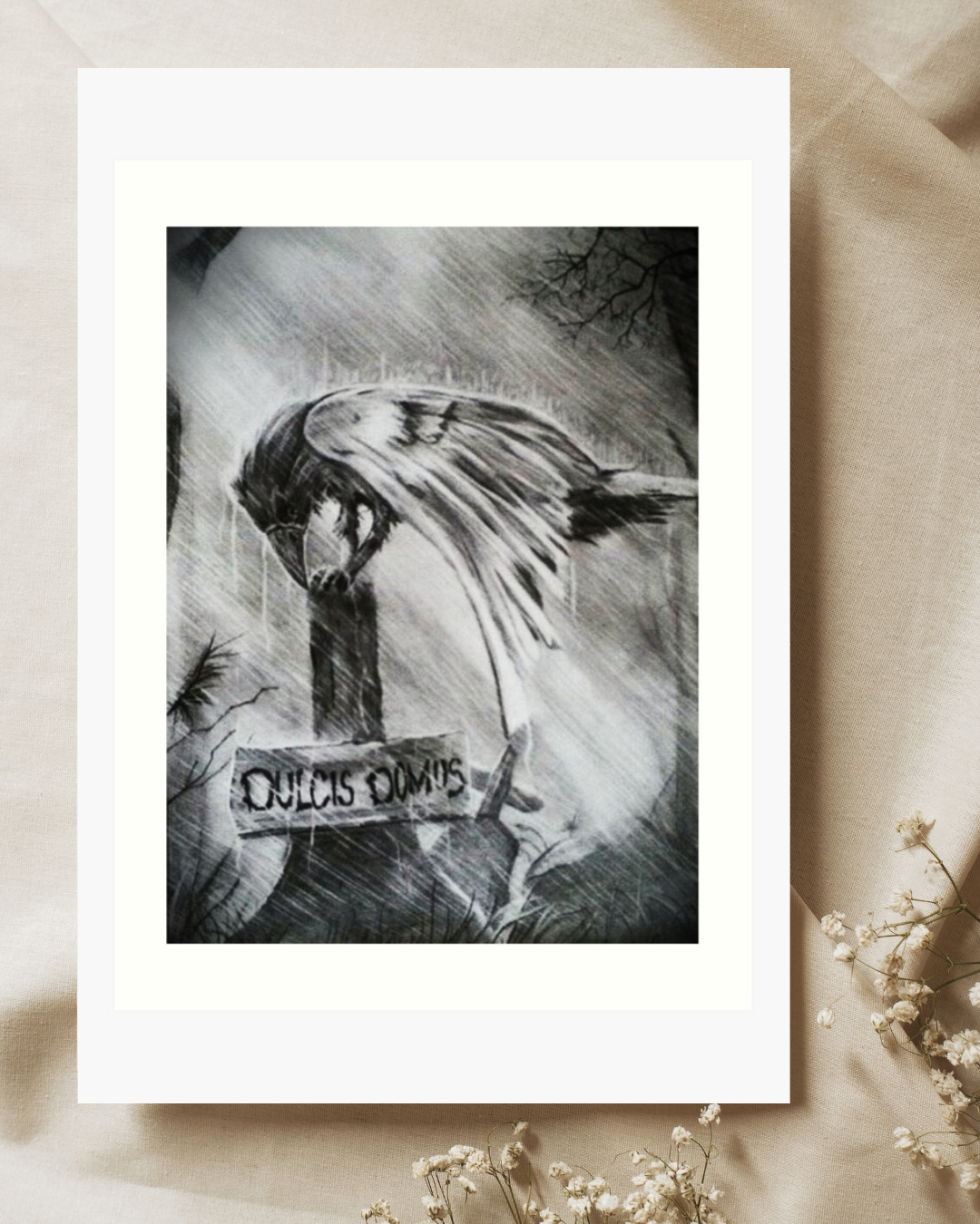 Moody black and white sketch of a raven hunched over a wooden marker reading 'Dulcis Domus' in a heavy rainstorm