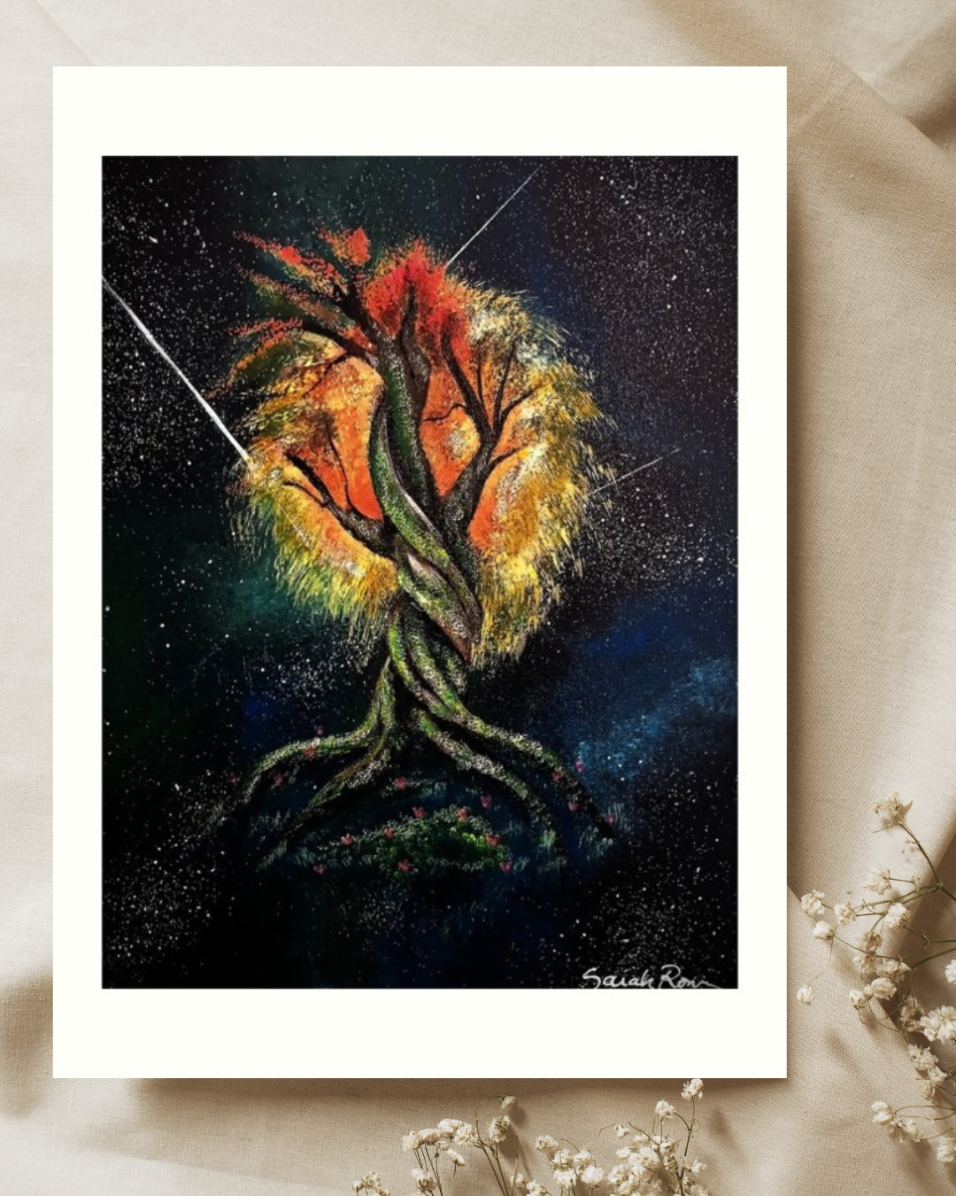 Vibrant acrylic painting of a twisting tree with glowing green and red foliage against a dark, starry cosmic background with shooting stars