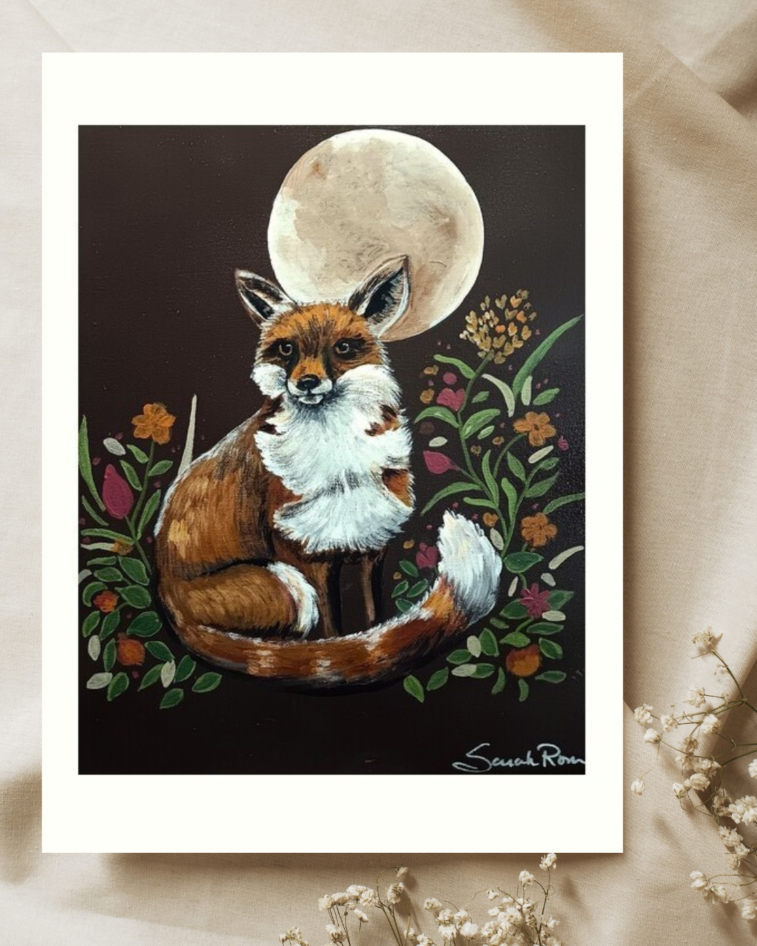 Vibrant acrylic painting of a red fox curled up beneath a glowing full moon, surrounded by colorful flowers and foliage against a dark background