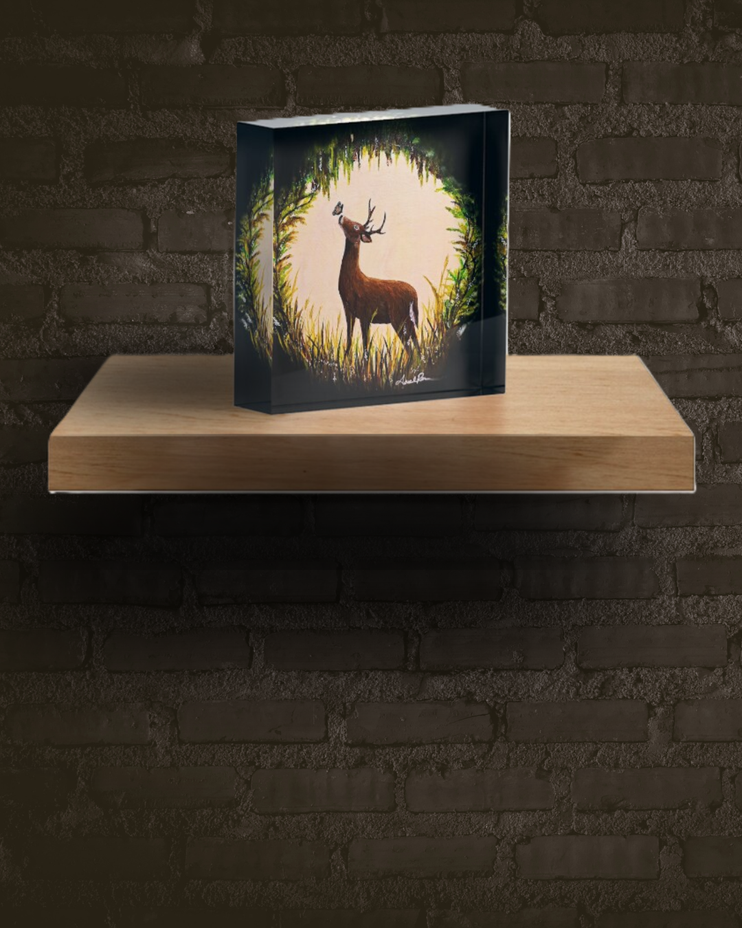 Vibrant acrylic painting of a deer standing in a sunlit forest clearing, looking up at a small butterfly surrounded by framing foliage