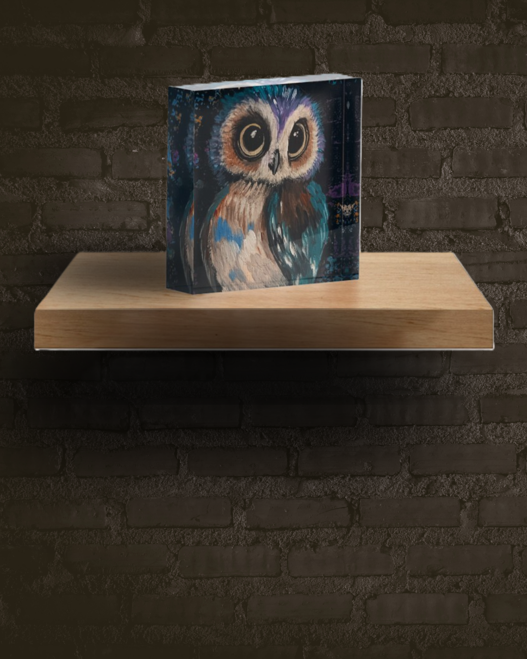 Vibrant acrylic painting of a colorful, wide-eyed owl with blue and brown feathers against a dark background