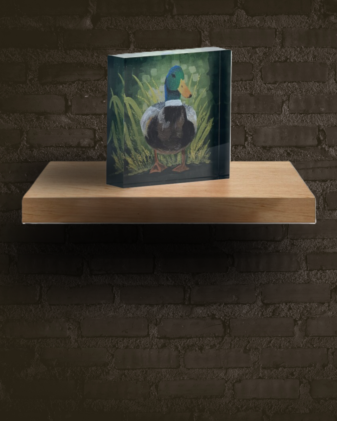 Vibrant acrylic painting of a mallard duck standing in tall green reeds against a dark green background
