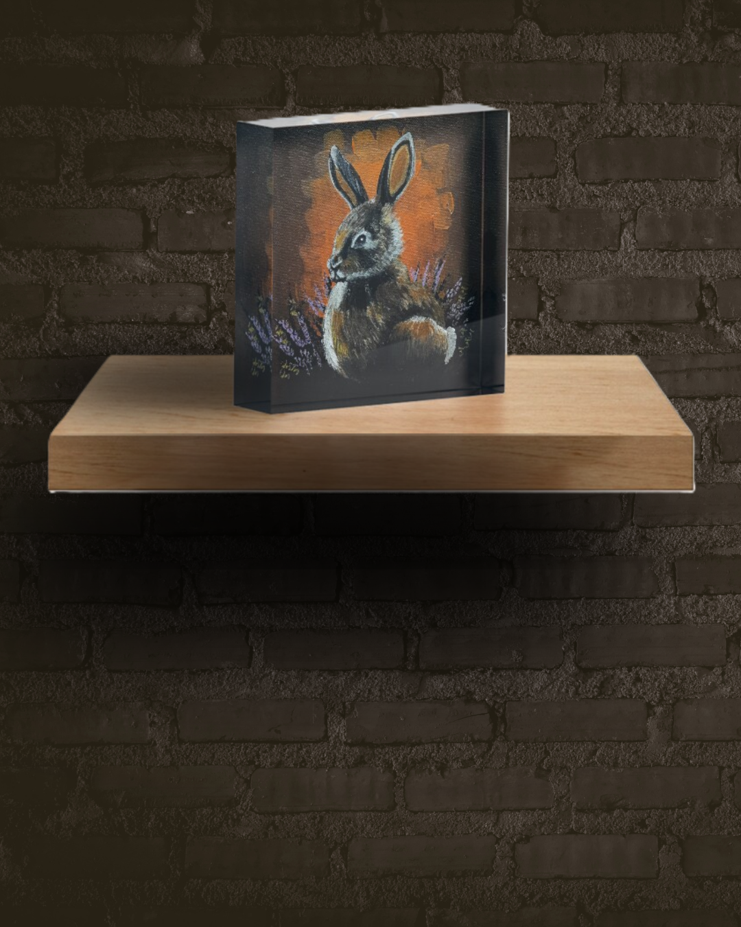 Vibrant acrylic painting of a brown rabbit sitting in tall grass against a warm orange background