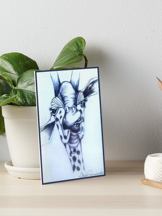 Blue pen sketch of a giraffe's face looking directly forward, featuring prominent eyelashes and detailed shading