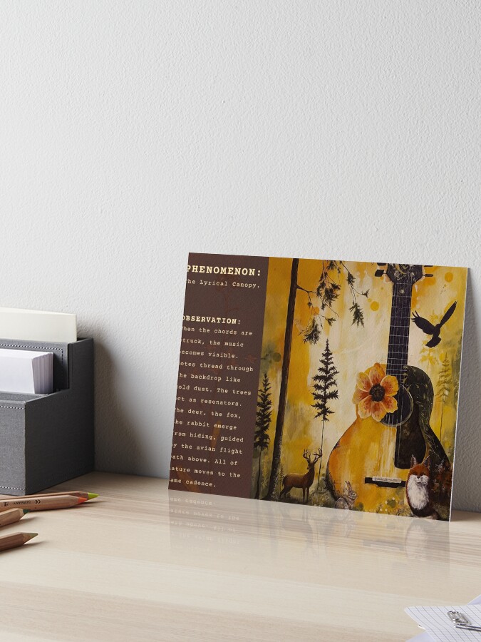 Mixed-media painting of a yellow acoustic guitar adorned with a large sunflower, set in a golden forest scene with a deer, rabbit, fox, and a bird in flight, placed alongside a brown block of text titled 'PHENOMENON: The Lyrical Canopy'