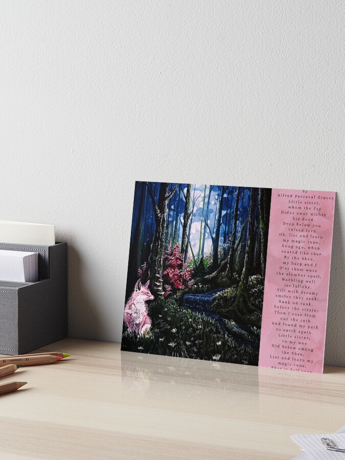 Mixed-media painting of a small pink fox sitting in a dark, enchanted forest beside a winding stream and glowing pink foliage, placed alongside a pink block of text containing a typed poem
