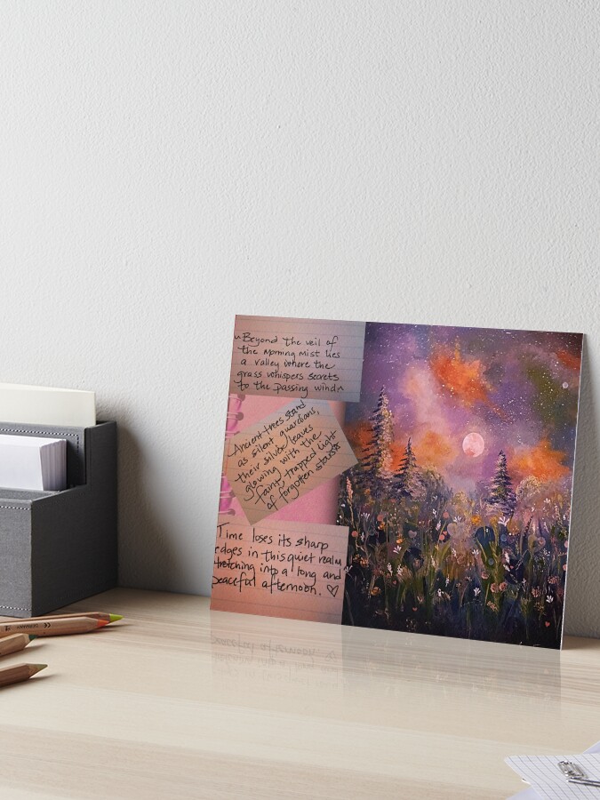 Mixed-media painting of a glowing pink moon over a twilight forest with a field of wildflowers in the foreground, featuring handwritten poetry on torn paper notes attached to the left side