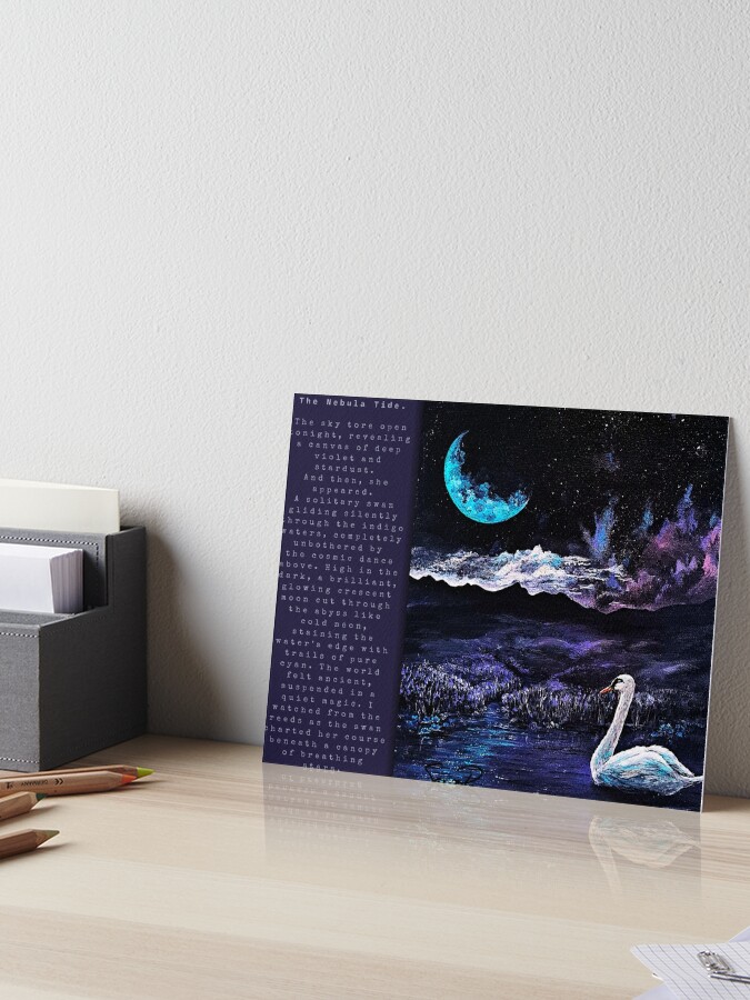 Mixed-media painting of a white swan gliding on dark water beneath a bright blue crescent moon and purple starry sky, alongside a dark block of text featuring a typed poem